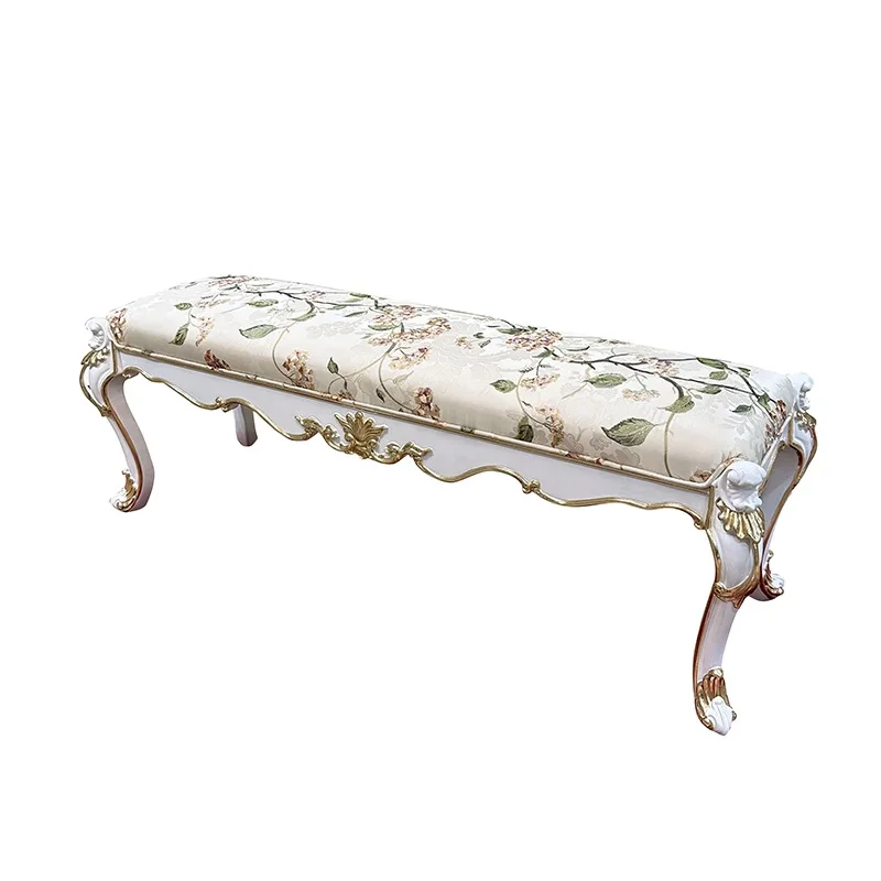 

French fabric embroidered bedside stool European solid wood bedroom