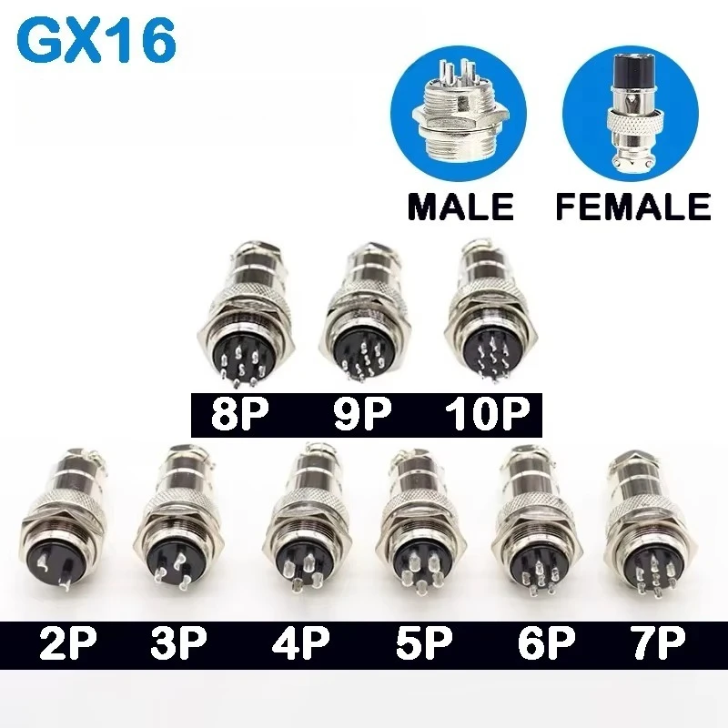 5pcs Aviation Socket Plug GX16 2/3/4/5/6/7/8/9/10 Pin Nut type Male & Female 16mm Circular Panel Aviation Connector