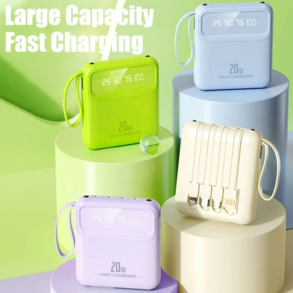 20000mah Portable LED Display Power Bank Comes with 4 Lines Built-in Cables Powerbank Colorful Beauty Phone Power Banks