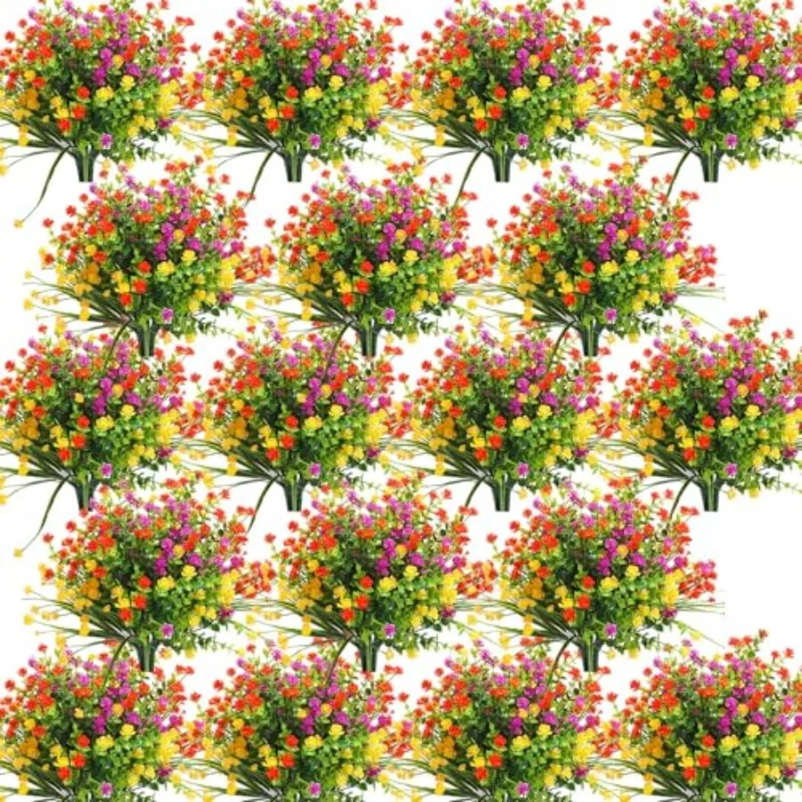 

48 Bundles Artificial Flowers Outdoor, UV Resistant Faux Plastic Plants Greenery Shrubs Flower Bulk for Hanging Planter Porch W