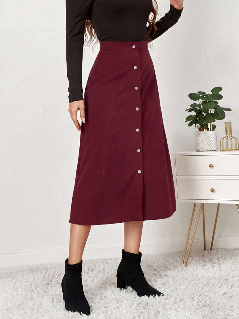 New Vintage Women Mid-long Corduroy Skirt Single- Breasted Casual A-Line Skirt Autumn Clothes High Waist Lady Elegant Skirt