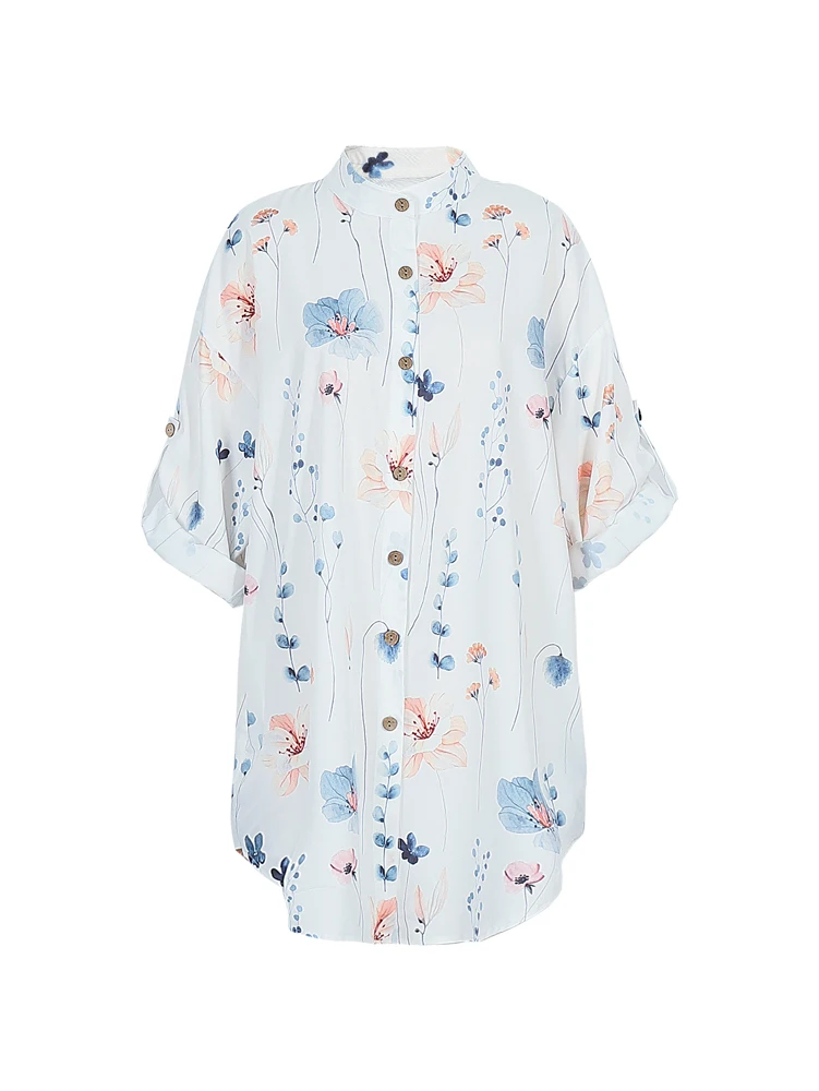 Plus Size Summer Women's Shirt V-neck Random Print Single Row Button Fashion Casual Loose Polyester Home Office Holiday