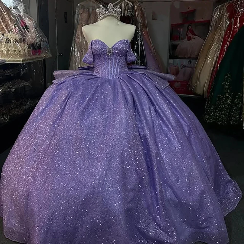 

Customized Shinny Lilac Prom Dresses Off Shoulder Beads Ball Gown Floor Length Sweet 15 16 Year Girl Quinceanera Dresses Party