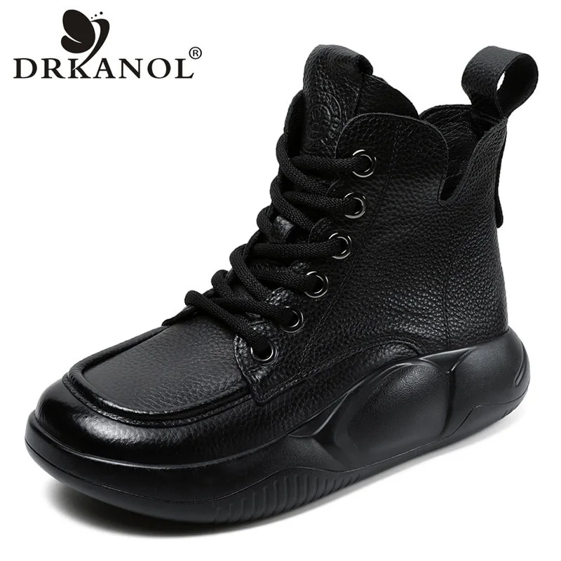 

DRKANOL 2023 Women Chunky Platform Short Boots Fashion Genuine Leather Ankle Boots Winter Warm Casual Shoes Women Sneakers Black