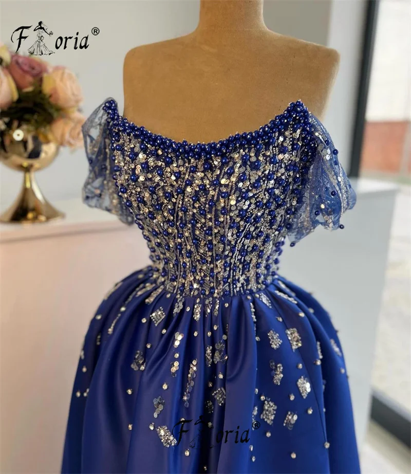 Royal Blue Off the Shoulder Beaded Evening Dresses with High Slit A Line Pleats Silver Crystals Prom Party Gown Plus Size Custom