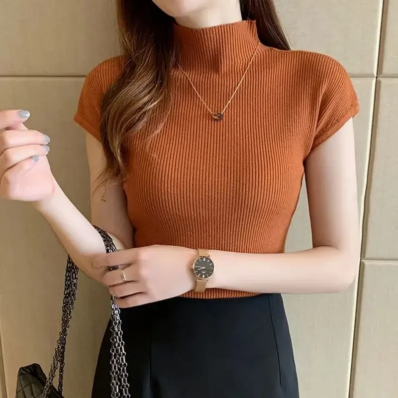 Short Sleeve Mock Neck Knit Crop Top for Women Basic Rib-knit Pullovers Knitwear Classic Office Lady Summer Outfit