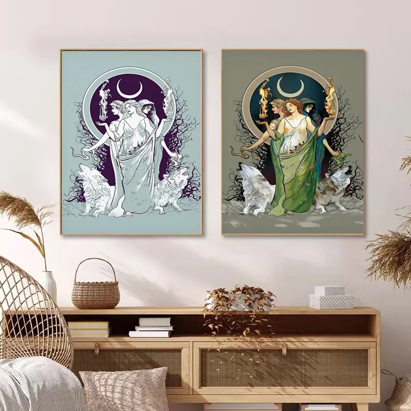 لوحة قماشية للأساطير اليونانية آلهة القمر ، مطبوعات عتيقة لآلهة غامضة ، فن حائط ساحر ، صور للمنزل ، ديكور الغرفة #3