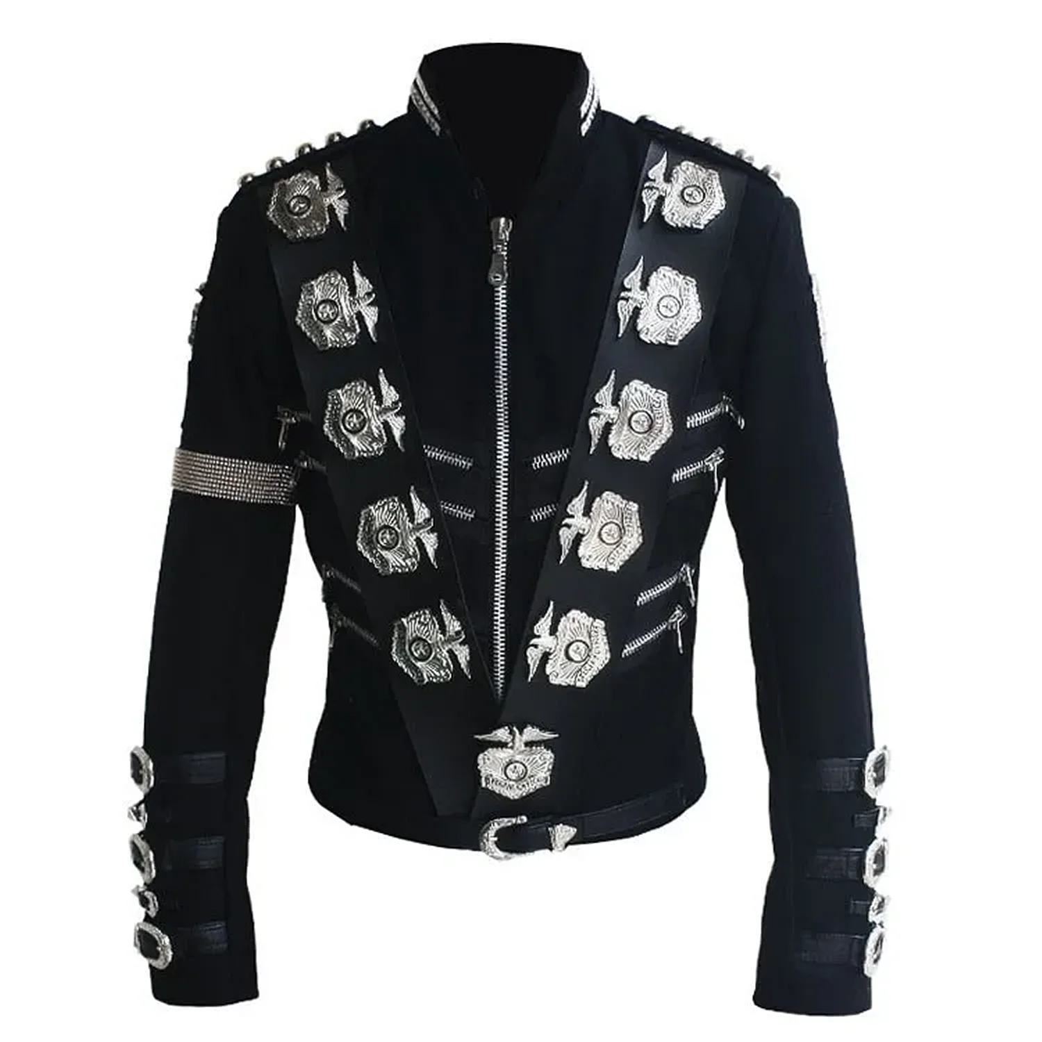 Impersonator Michael Jackson Costumes Jacket Stuff BAD Black With Silver Eagle Badges Punk Metal woolen Clothing