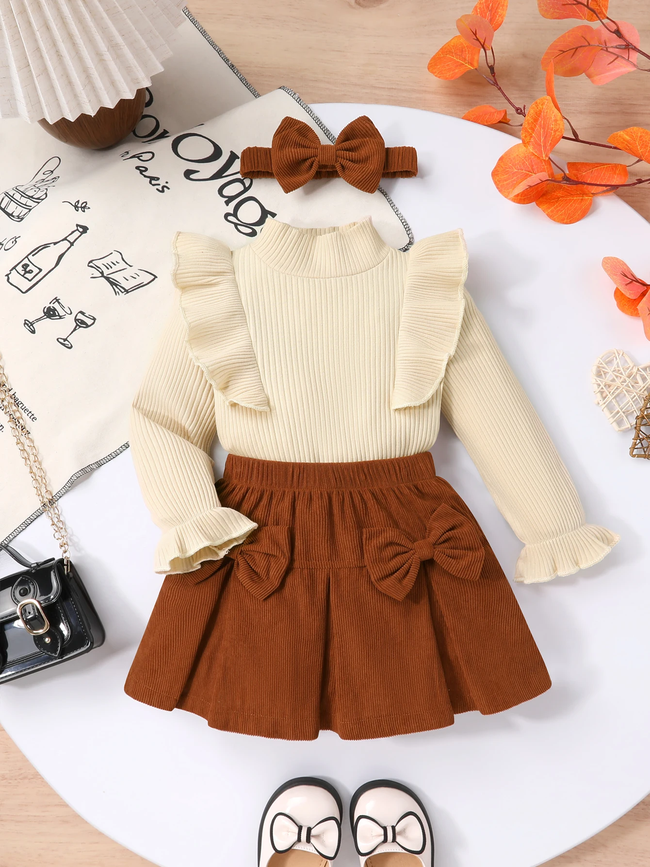 

Baby Girls' Minimalist Solid Turtleneck Outfit with Ruffle Sleeves, Double Bow Skirt & Matching Headband - 3 Piece Set