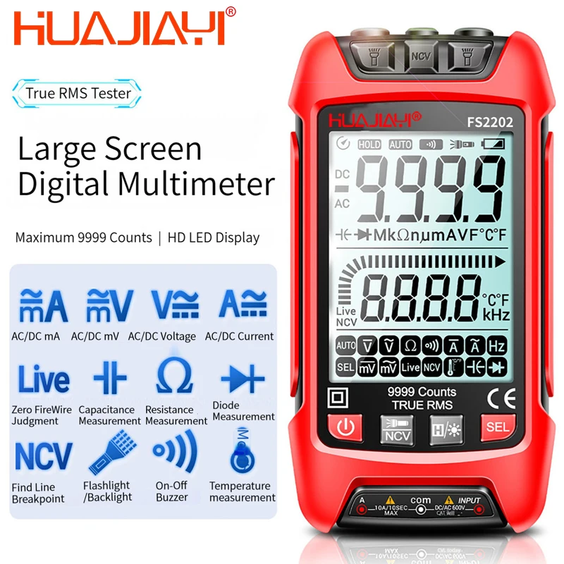 HUAJIAYI Smart Digital Multimeter 9999 Counts True RMS Auto Electrical Capacitance Meter Volt Temp Resistance Transistor Testers