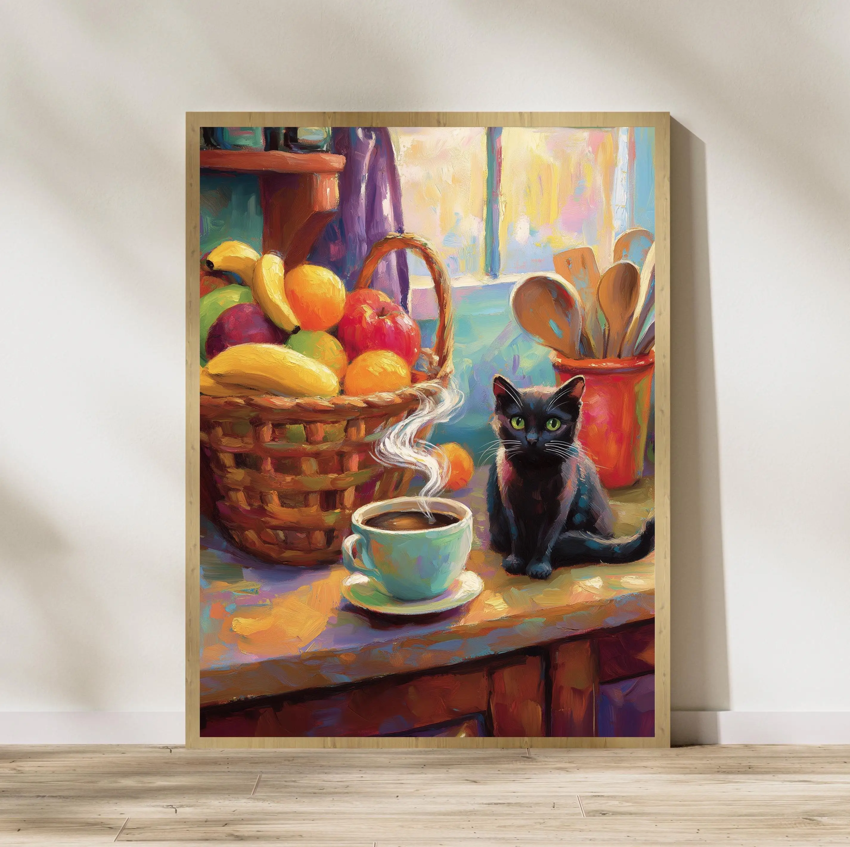 Whimsical Black Cat Breakfast Scene Lemon Fruit Colorful Poster Print Wall Art Pictures Canvas Painting Living Room Home Decor