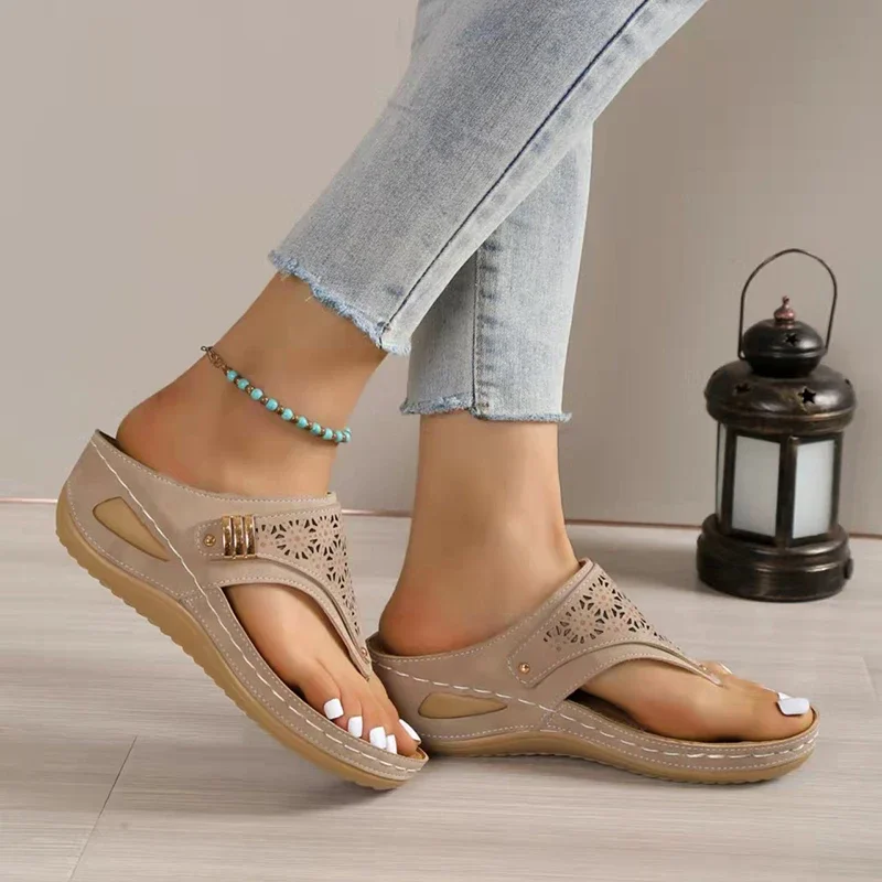 Summer Women's Wedge Sandals 2023 Clip Toe Orthopedic Arch Support Sandals Woman Pu Leather Non-Slip Soft Platform Flip Flops image 2