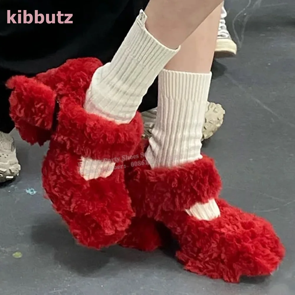 Shaggy Furry Single Pumps Round Toe Square Heel Solid Color Red One Word Belt Novelty Fashion Sexy Concise Women Shoes Newest