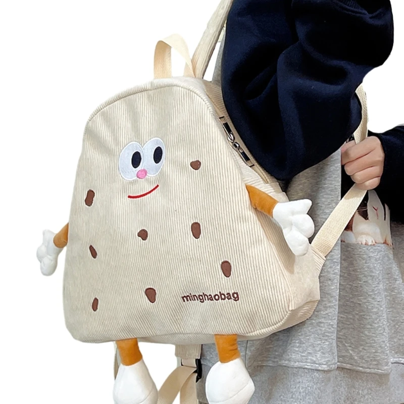 Corduroy Cookie Backpack กระเป๋าการ์ตูนตลกกระเป๋านักเรียนมีสไตล์สำหรับผู้หญิงและเด็กผู้หญิง