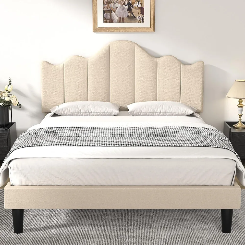 

Large Padded Platform Bed Frame with Adjustable Headboard, Wooden Slats Support, Noiseless, No Springs, Easy Assembly