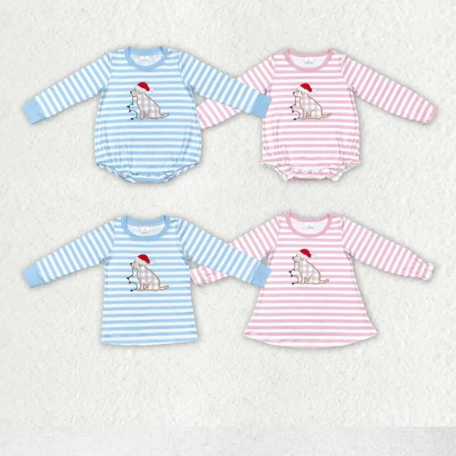 

Embroidered Christmas pink long sleeve baby girls romper Boutique kids clothes