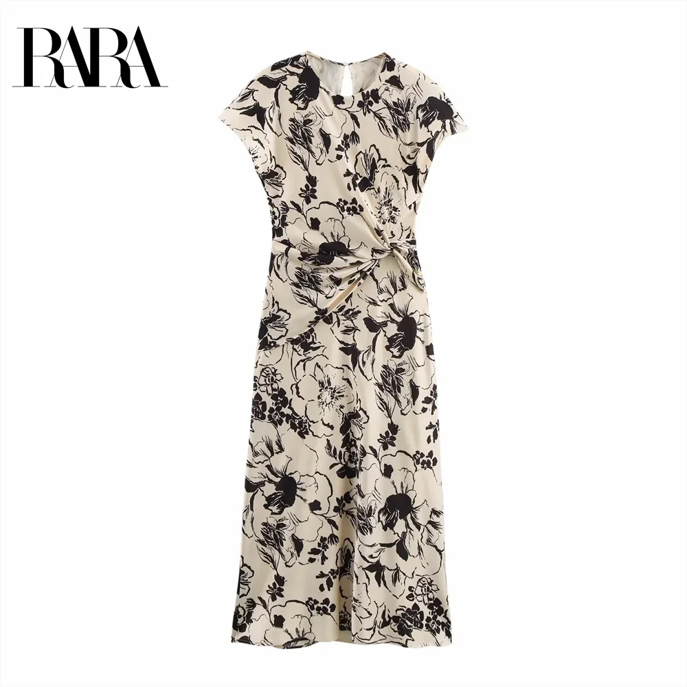 

2025 RARA waist pleated design round neck printed long temperament versatile floral pattern dress women's spring new arrival