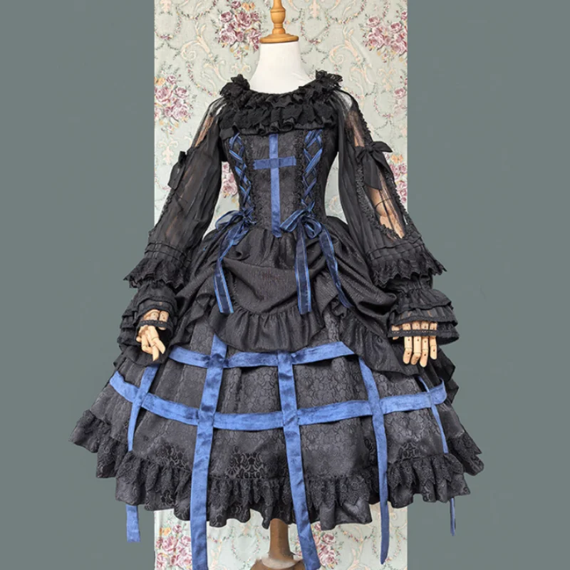 

Викторианское винтажное готическое вечернее платье по индивидуальному заказу с круглым вырезом и длинными рукавами, украшенное кружевным бантом, плиссированное элегантное вечернее платье