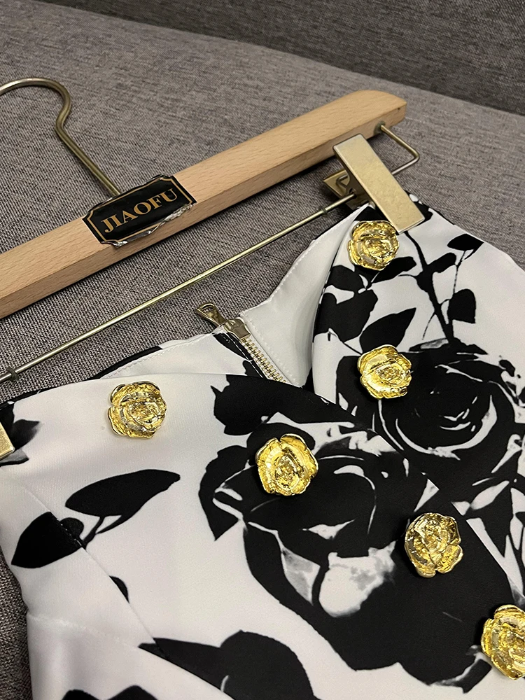 Ele A-lijn rok met metalen blauw printontwerp Celebri Tulp taille Rose Flower f-lengte rok JF