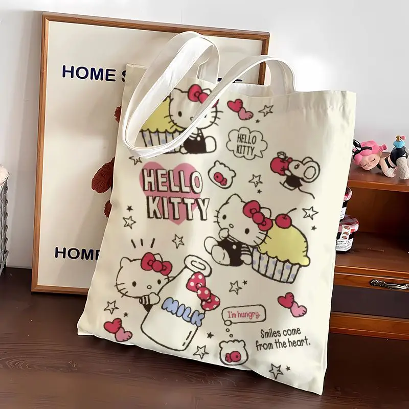 

Холщовая сумка Hello Kitty, легкая сумка-тоут на одно плечо с героями мультфильмов, сумки-хобо большой вместимости