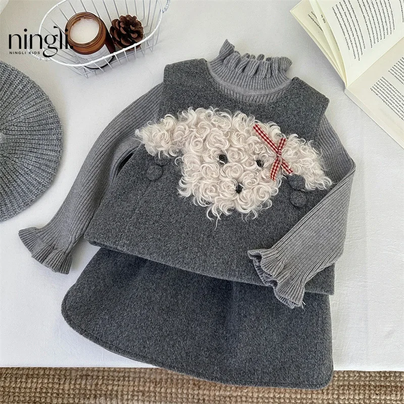 

Girls' Scrawl Puppy Vest Autumn and Winter Baby Girls' Fleece-lined Three-Piece Suit Sweater Vest Vest Western Style Suit