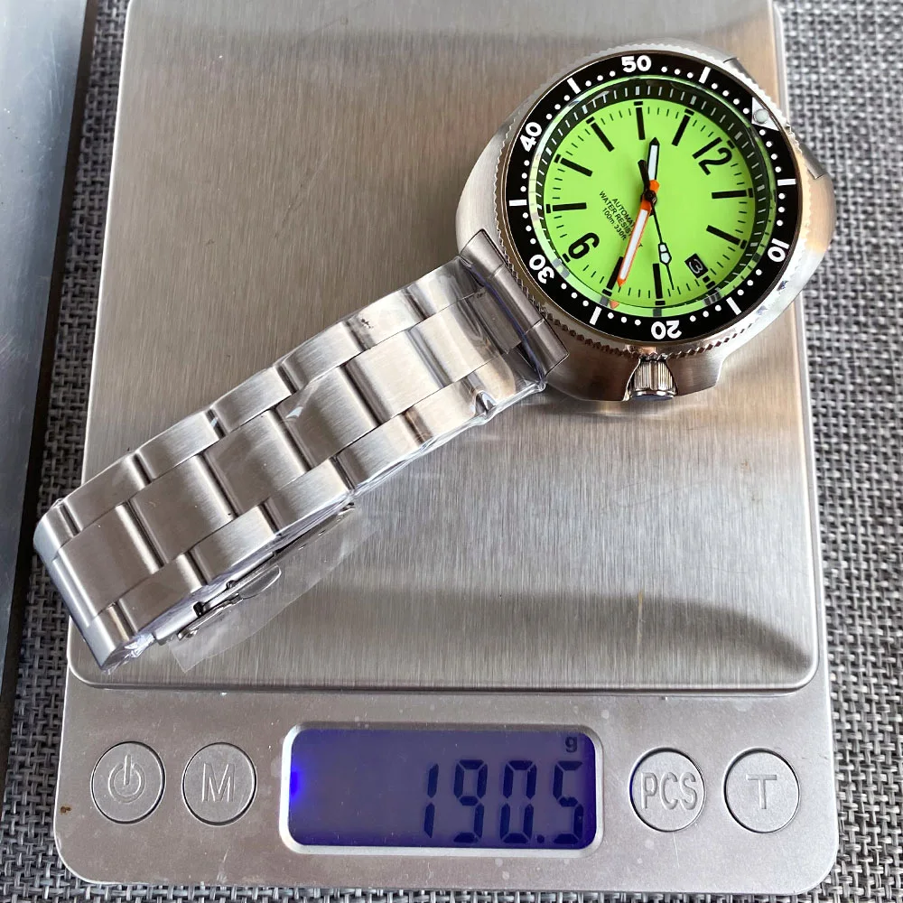 Tandorio NH35A Lume Green Dial 44mm Automatic Men Diving Watch 200M Waterproof Sapphire Crystal Ceramic Insert Steel Bracelet