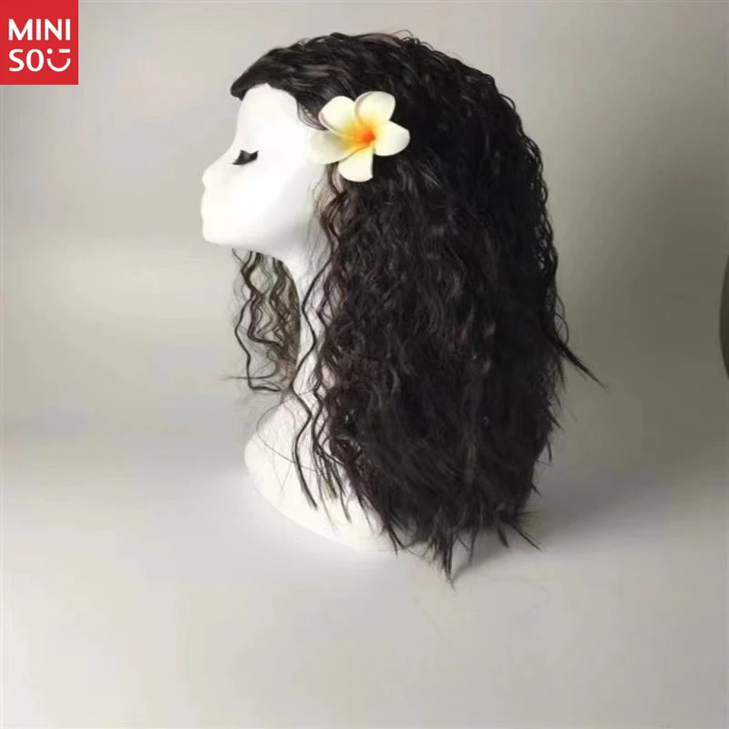 Perruque de Cosplay Miniso Moana avec fleur, cheveux longs bouclés brun foncé pour princesse Disney Wayfinding