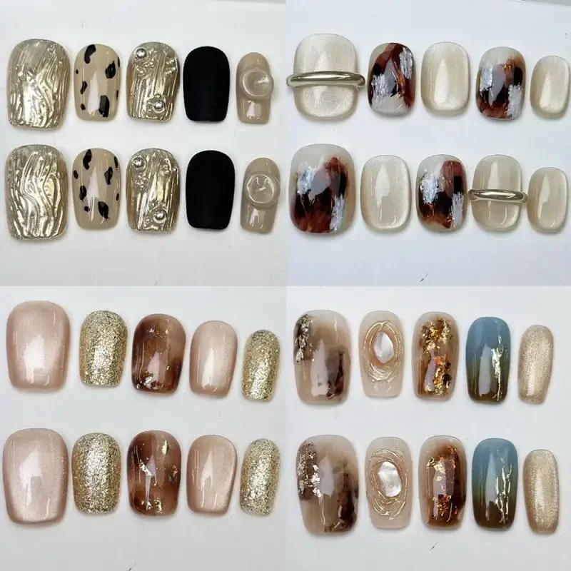 10 pièces mignon manucure à la main court rond carré forme faux ongles automne hiver oeil de chat imprimé léopard détachable faux ongles