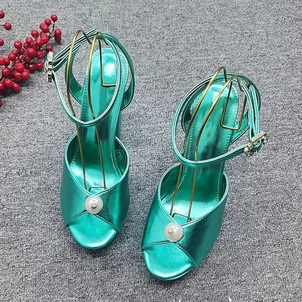 Pearl Green Chunky Heel Sandals Women Platform Round Toe Ankle Buckle Strap Super Green Solid Summer Fashion Shoes Banquet 2024