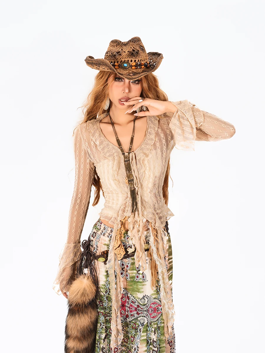 

Retro Lace up Shirt Women's Hollow Tassel Blouse Ruffled Wasteland Style Hot Girl Cardigan Top