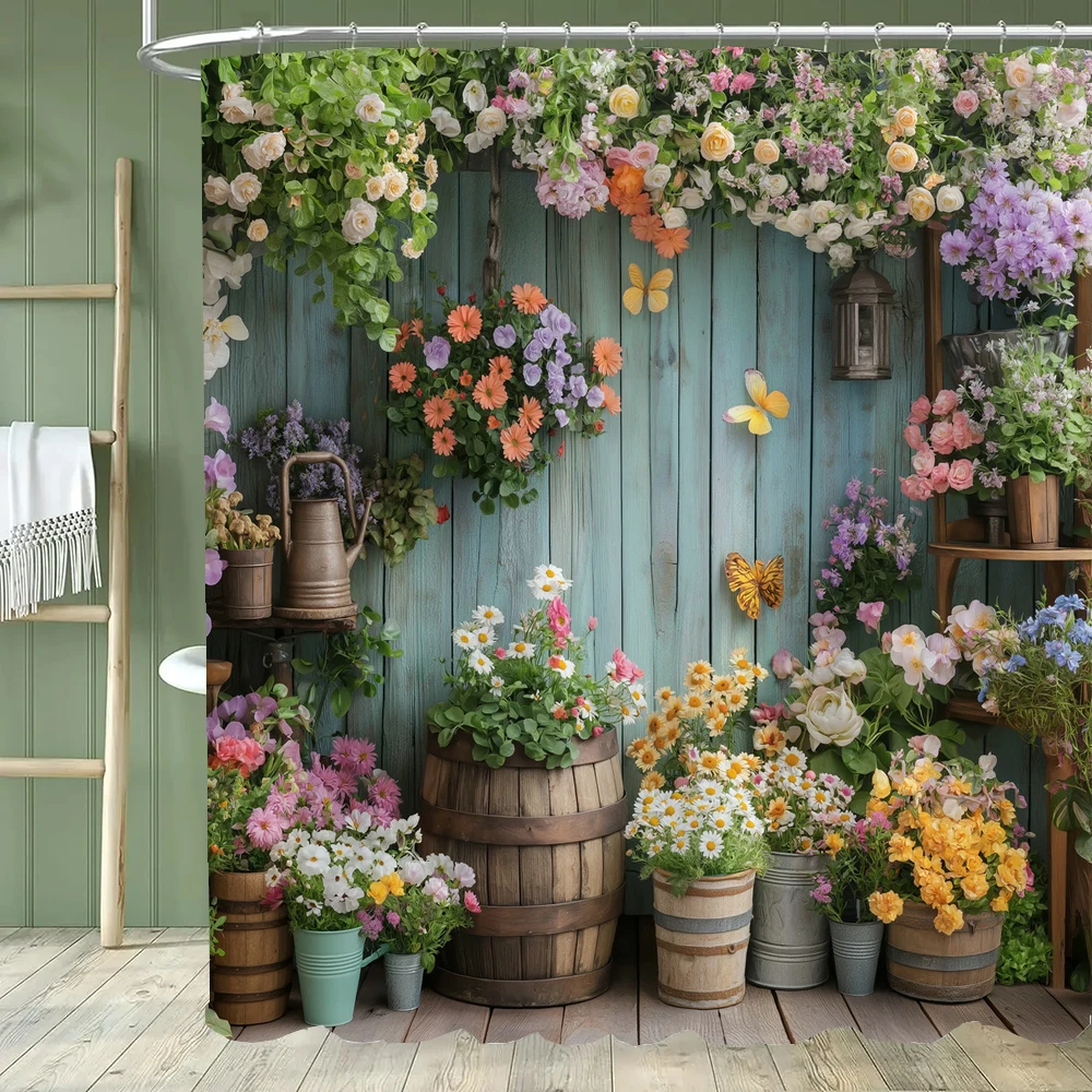Serene Garden Shower Curtain - With Hooks, Vibrant Natural  Rustic Yard and Flowers Bathroom Curtains Home Decor Curtain