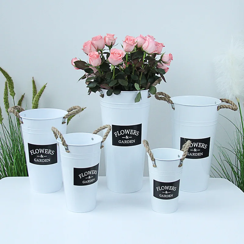 White Awakening Flower Bucket Water Cultivated Flower Bucket Household Iron Sheet Flower Bucket Flower Arrangement Bucket