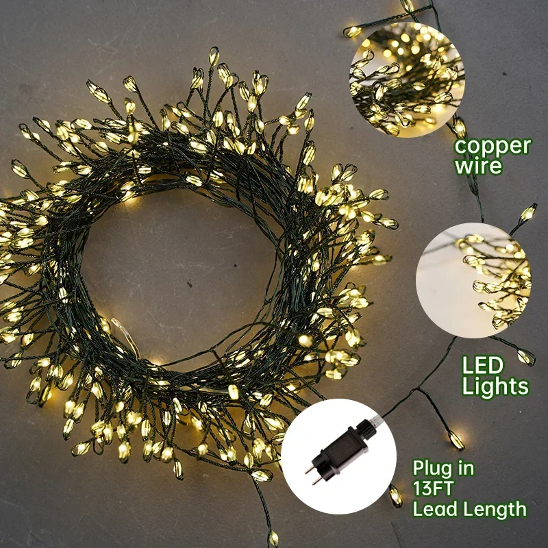 Green Cluster Natal Garland String Lights, Decoração ao ar livre, Jardim interior Tree Plug, Decoração de iluminação de férias, Casamento, 220V, 18m