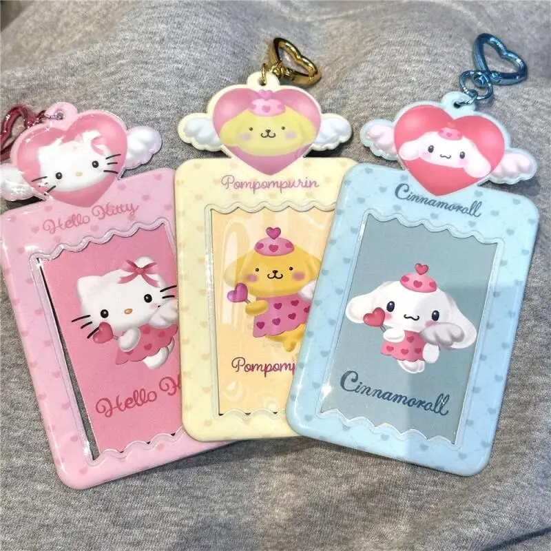 Sanrio Angel Melody Pom Pom Purin PVC wasserdichter Kartenhalter mit herzförmiger Schnalle, Studentenausweis, Buskarten-Aufbewahrung, Geburtstagsgeschenk für Mädchen