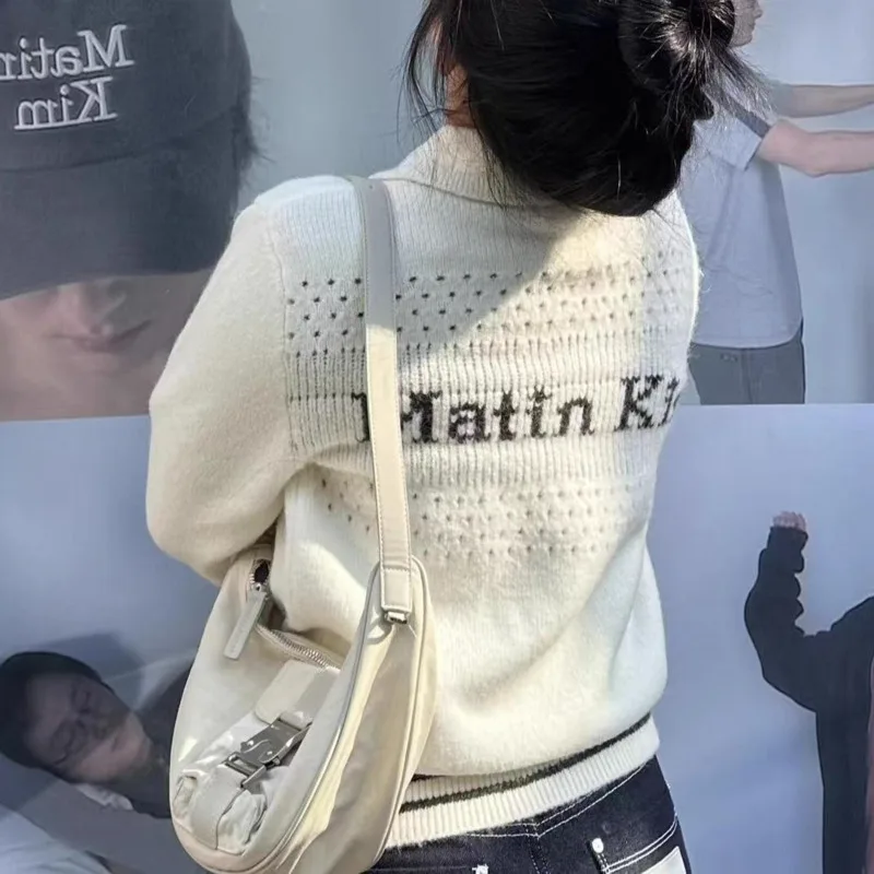 

Letter Pattern Knitted Cardigan Women Autumn Winter Loose Comfortable Multiple Styles Jacquard Long Sleeves Zipper Sweater Coat