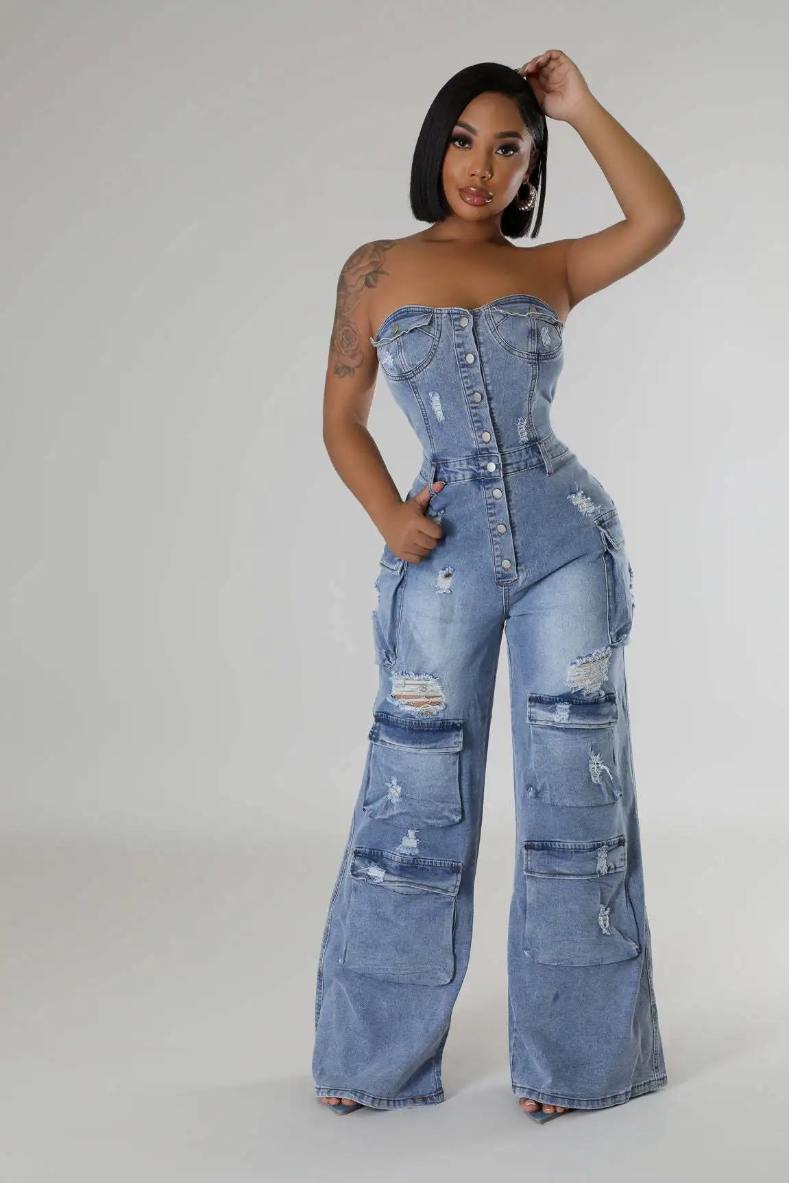 Women Jumpsuit Sexy Sleeveless Strapless Slim-Fit Elastic Denim Jumpsuit Lady Casual Hole Multi-Pocket Cargo Jeans Jumpsuit