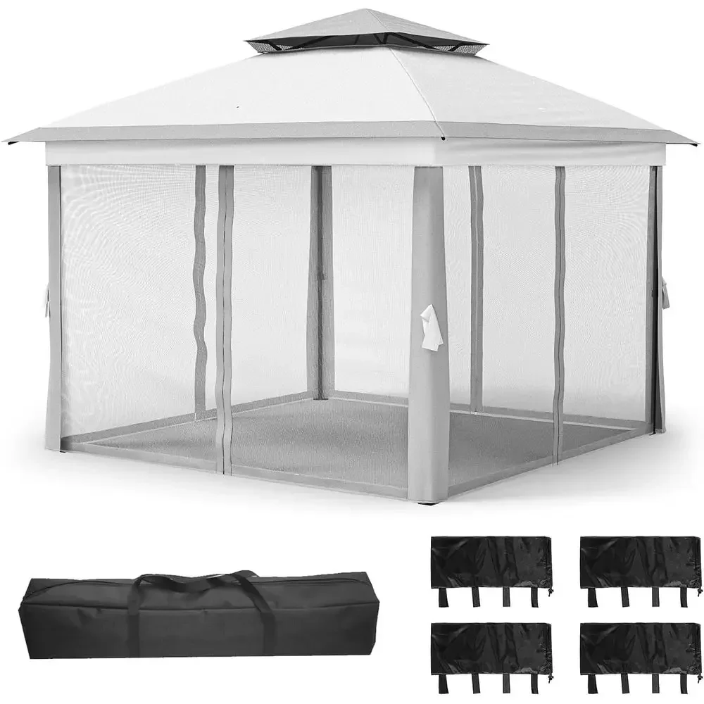 Sturdy 11x11 Outdoor Gazebo with Double Roof and Mosquito Netting - Ideal for Backyard, Garden, Lawn, Deck - Light Grey