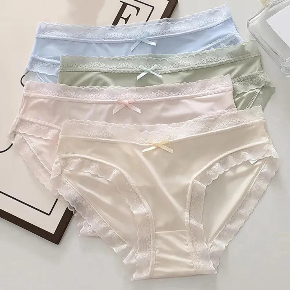 Stretchy Seamless Ice Silk Panties Cotton Crotch Mid Waist Lace Bow Briefs Female Lingerie Underwear Women's Summer Panties Girl
