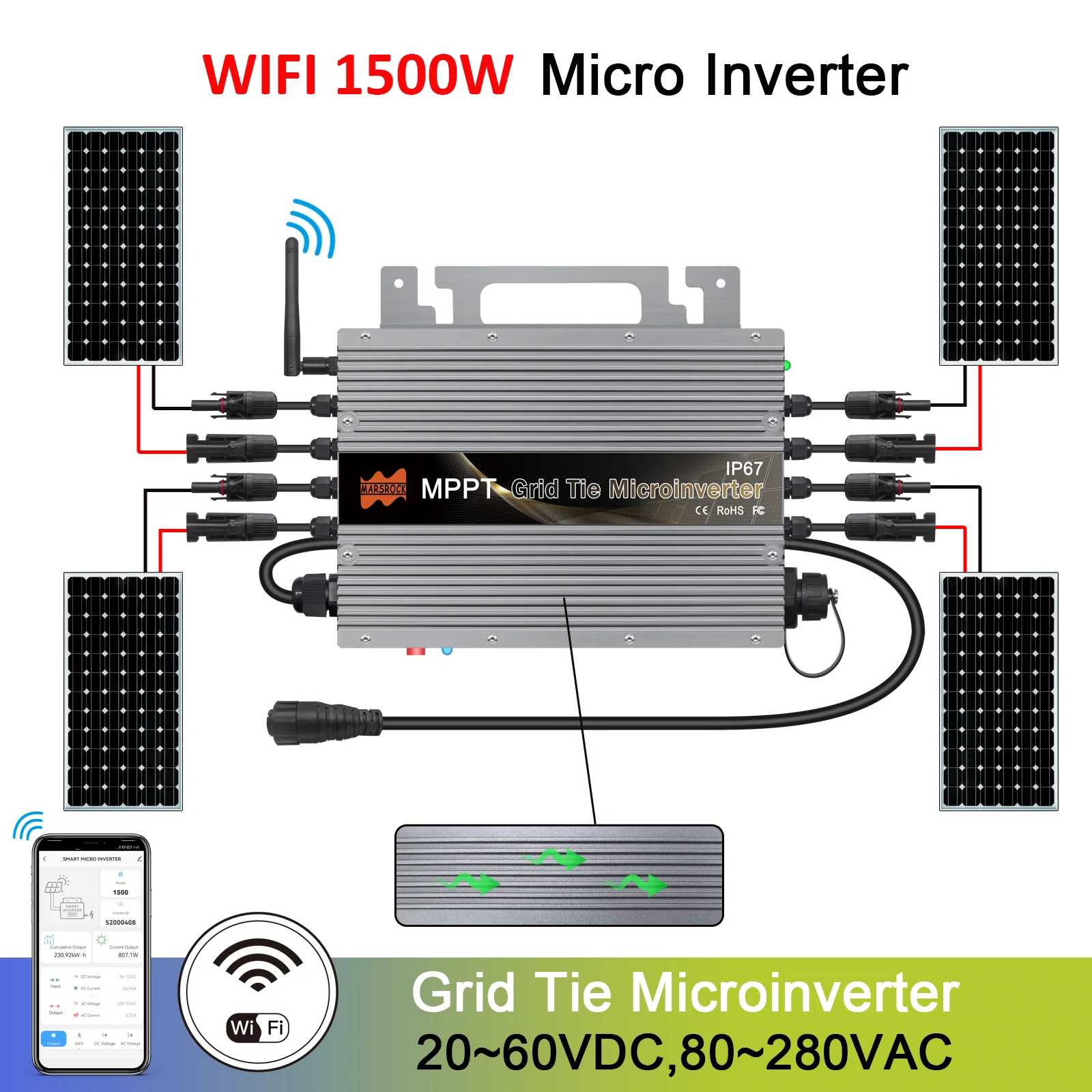 1500W Solar Inverter Grid Tie Micro Inverter MPPT Pure Sine Wave 120V 220V Microinverter Waterproof DC to AC Converter PV WIFI