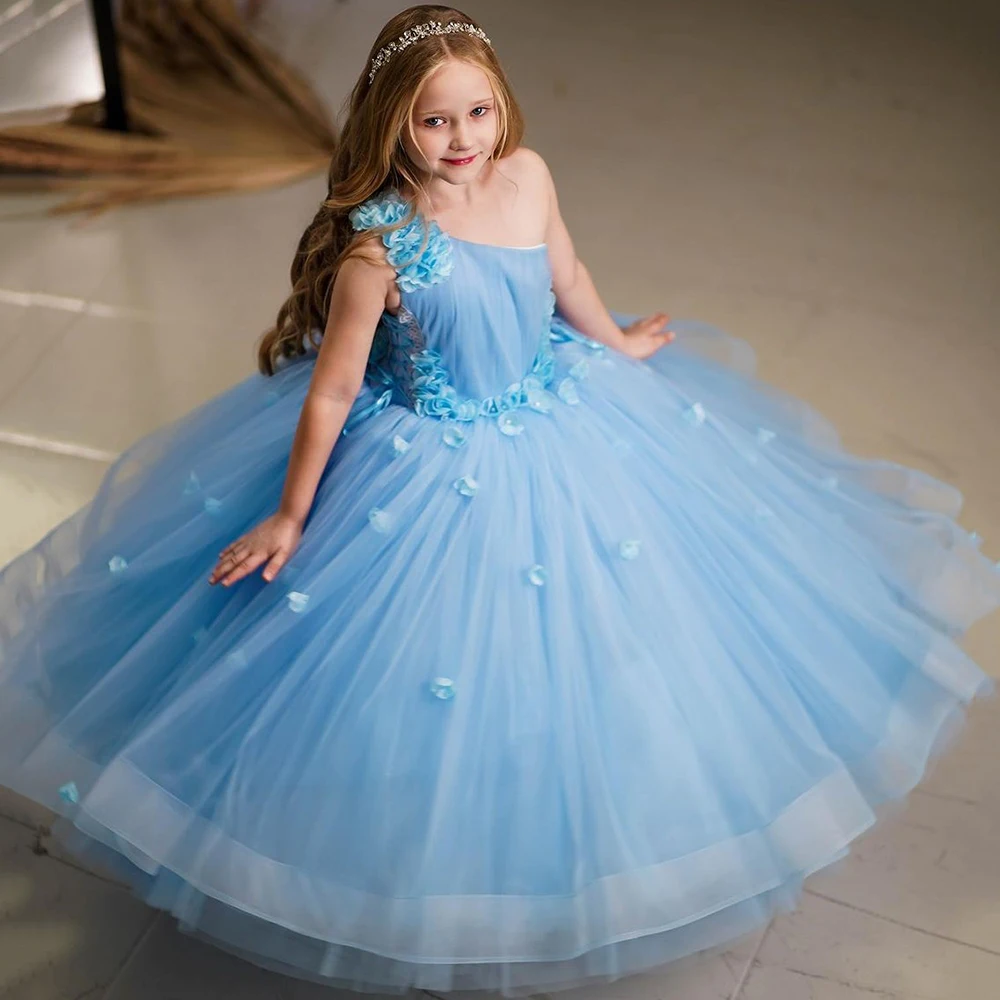 Simple Floor Length Girl's Prom Dresses One-shoulder Sky Blue Floral Kids Christmas Party Gown A-line Pageant Dress 2024