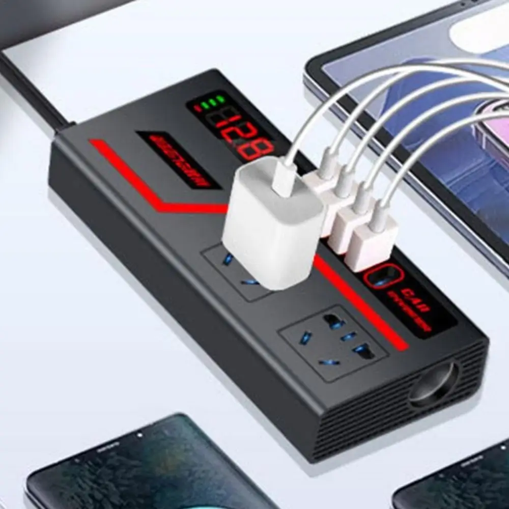 Universal Car Inverter DC 12V/24V To 220V QC 3.0 USB/Type C Charger Power Adapter Digital Display Multifunction