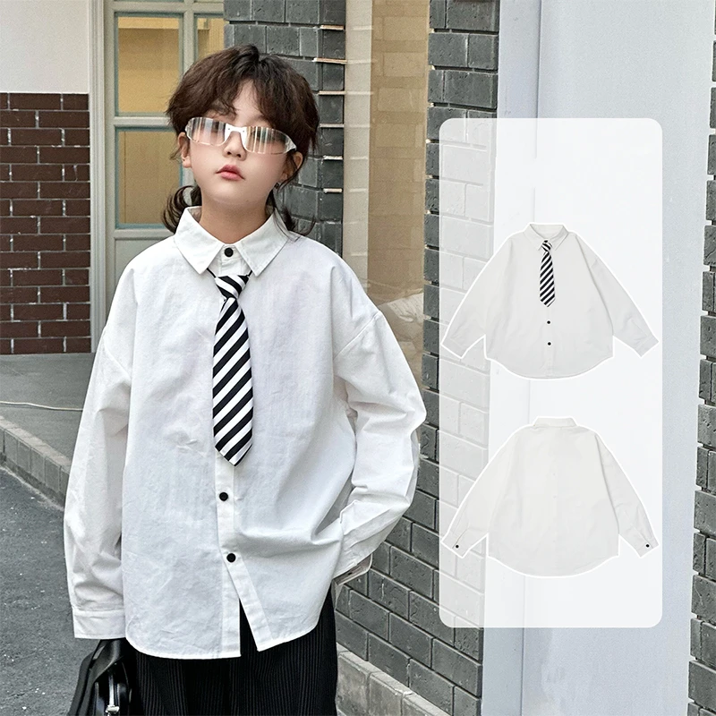 

Children Long Sleeve White Formal Shirt With Tie for Teens Boy Age 5 To 14 Years Kids Teenager Wedding Party Blouses Outfit Wear