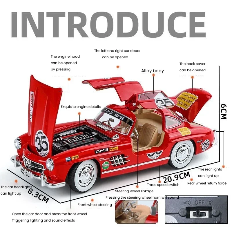 1:24 مرسيدس بنز 300SL تجديد سبيكة خمر السيارات الكلاسيكية دييكاست مقياس معدني نموذج سيارة الصوت والضوء ألعاب أطفال المركبات الهدايا