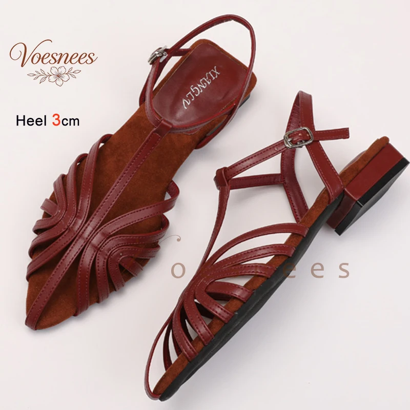 

New Fashion Summer Retro Women's Sandals T-Strap Buckle Slingback Low Heels 3cm Hollow Out Pointed Toe Casual Summer Dress Shoes