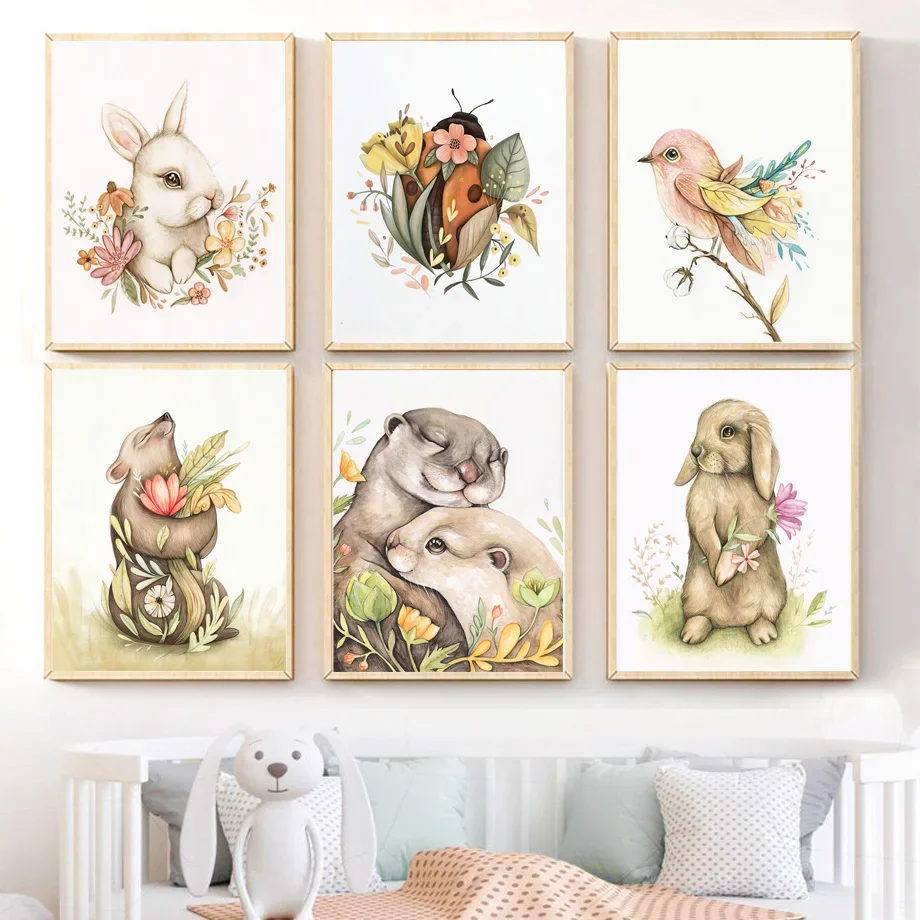 

Watercolor Cartoon Animal Otter Rabbit Butterfly Kid Wall Art Canvas Painting Posters And Prints Living Room Nordic Style Decor