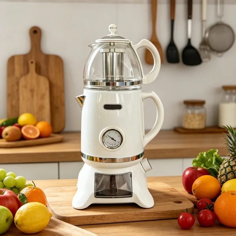 Retro Electric Turkish Samovar Tea Maker with Temperature Dial Visible Simulated Fire  Teapot Household Tea Making Machine
