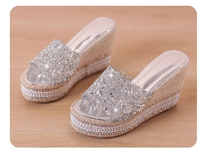 Platform Sandals Women 8cm Rhinestone Slippers Female Summer Pumps Fashion sandalias sexys de mujer Genuine Leather Women Slides