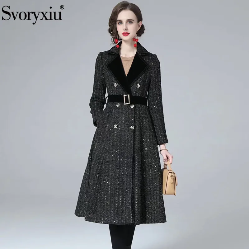 

Svoryxiu Fashion Office Lady Autumn Retro Long Overcoat Outwear Lapel Double Breasted Sashes Slim Sequins Overcoat Jacket