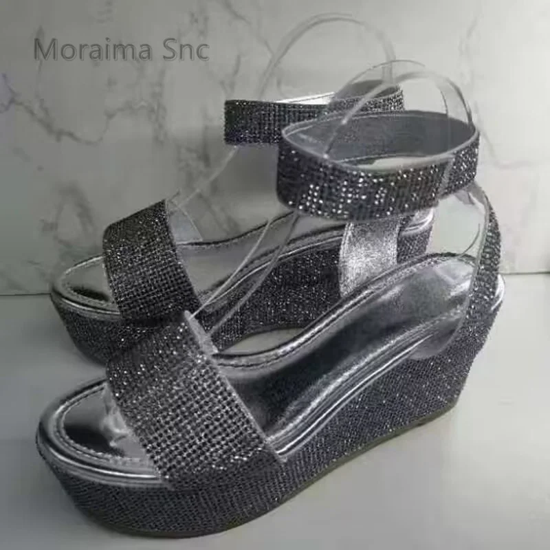 

Silver Rhinestone Wedges Sandals for Women Round Open Toe Summer Platform Crystal Wedding Shoes Comfortable Office Women's Shoes