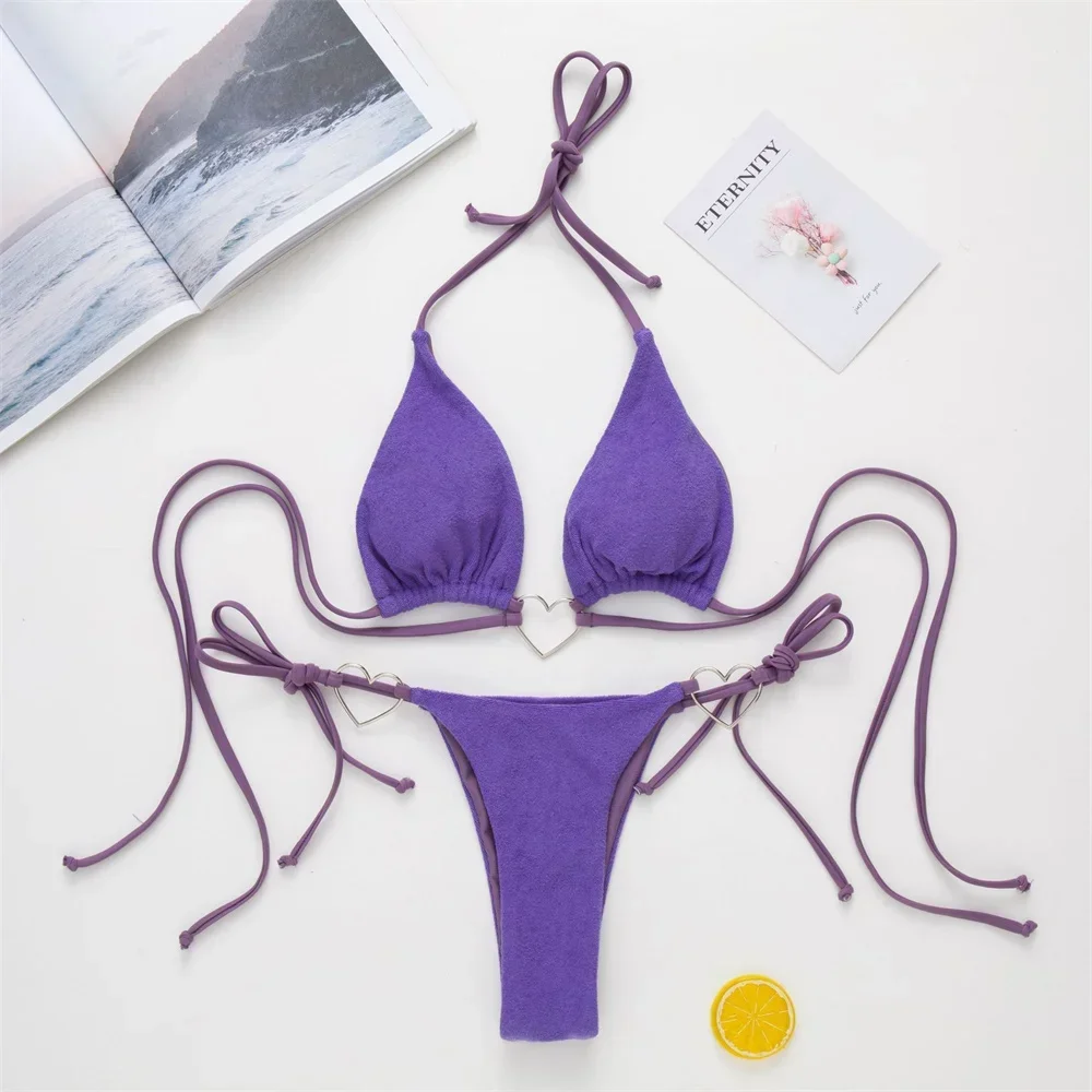 Purple Bikini Set Heart String Swimsuit Thong Women Two Piece Trend Beach Swimwear Bathing Suit Bikinis Vacation Outfits Biquini